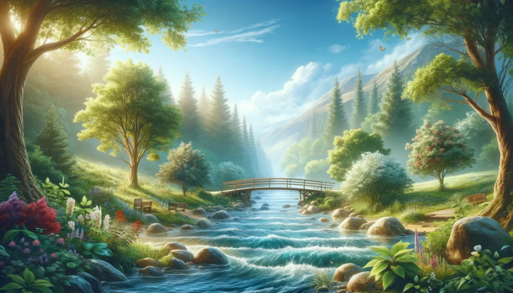 This image depicts a serene riverside landscape with a wooden bridge, lush trees, and blooming flowers under a clear blue sky, embodying tranquility and healing.