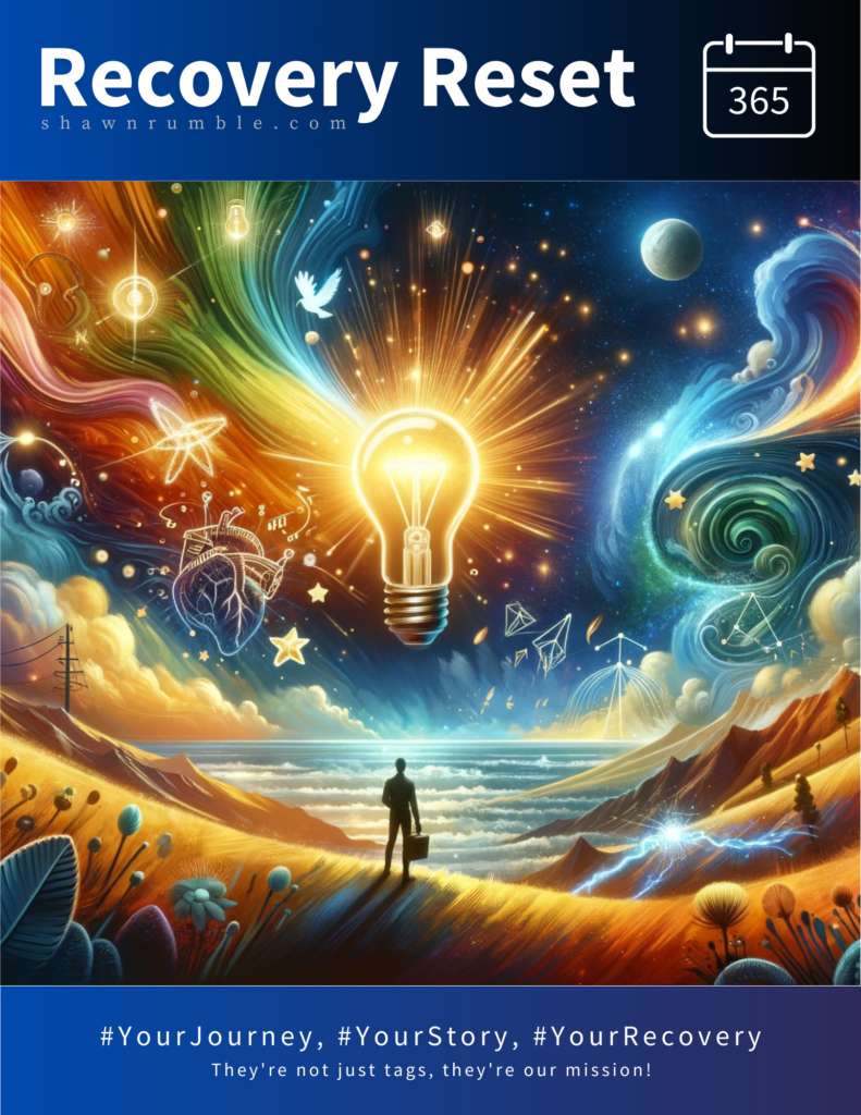 Cover image for 'Recovery Reset' featuring a vibrant cosmic scene with a lightbulb symbolizing an idea, celestial bodies, and a figure standing before a surreal landscape, with the tagline '#YourJourney, #YourStory, #YourRecovery.